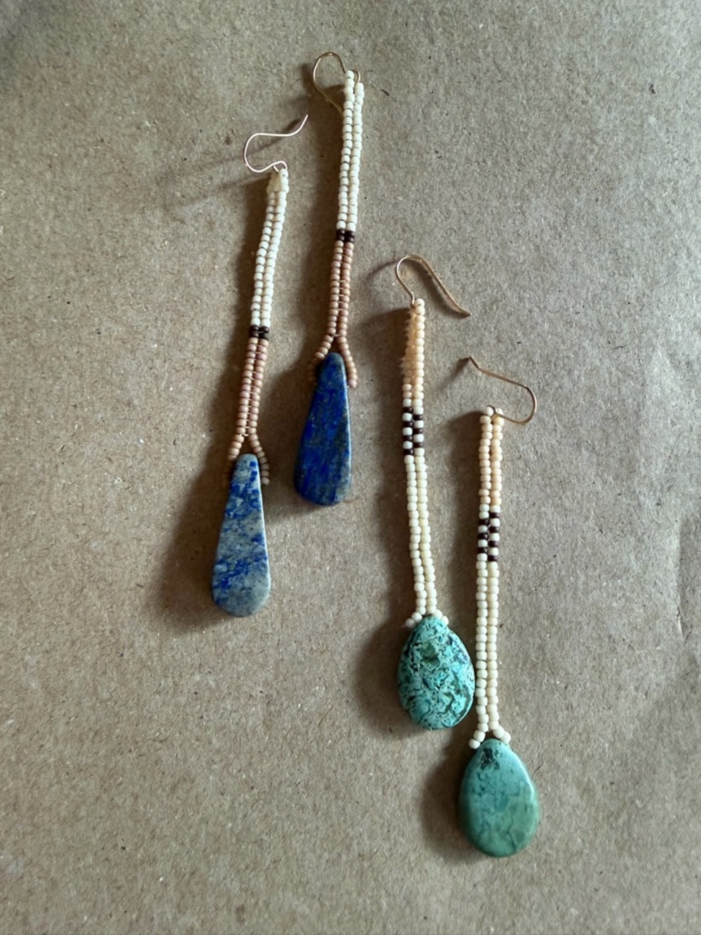 Beaded Drop Earrings with Blue Lapis & Turquoise Stone Pendants